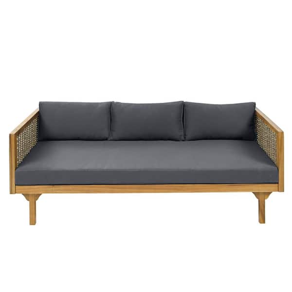 Acacia Wood Outdoor 3 Seater Day Bed with Rattan Arms and Dark Gray Cushion