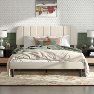 Upholstered Bed Frame, Queen Platform Bed Frame with Adjustable Headboard, Strong Wooden Slats Support, Beige