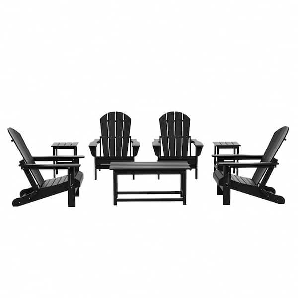 Laguna 7-Piece Fade Resistant Outdoor Patio HDPE Poly Plastic Folding Adirondack Chair Conversation Set in Black