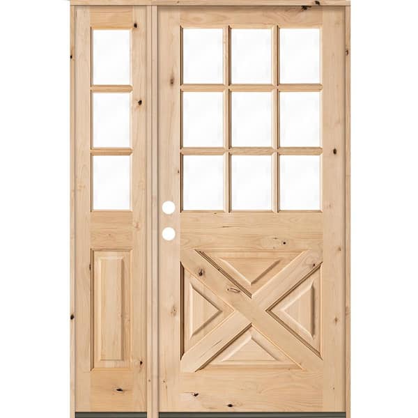 Krosswood Doors 50 in. x 80 in. Knotty Alder 2-Panel Right-Hand/Inswing Clear Glass Unfinished Wood Prehung Front Door w/Left Sidelite