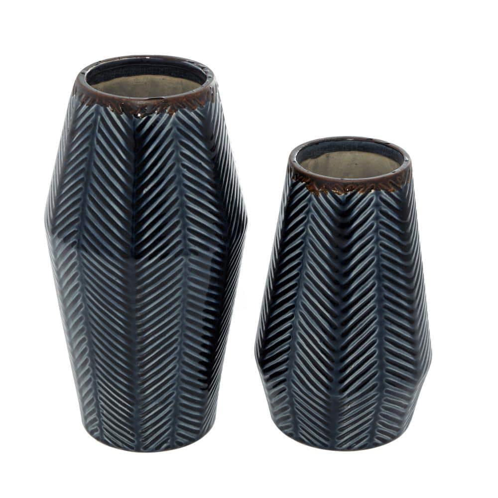 Dark Blue Chevron Ceramic Table Vase Set, 2-Piece