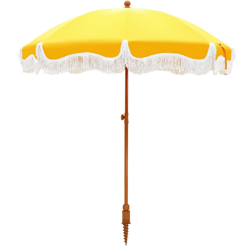 7 ft. Metal Tilt Beach Umbrella in Gold Yellow with Fringe