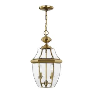 Aston 19 in. 2-Light Antique Brass Dimmable Outdoor Pendant Light with Clear Beveled Glass and No Bulbs Included