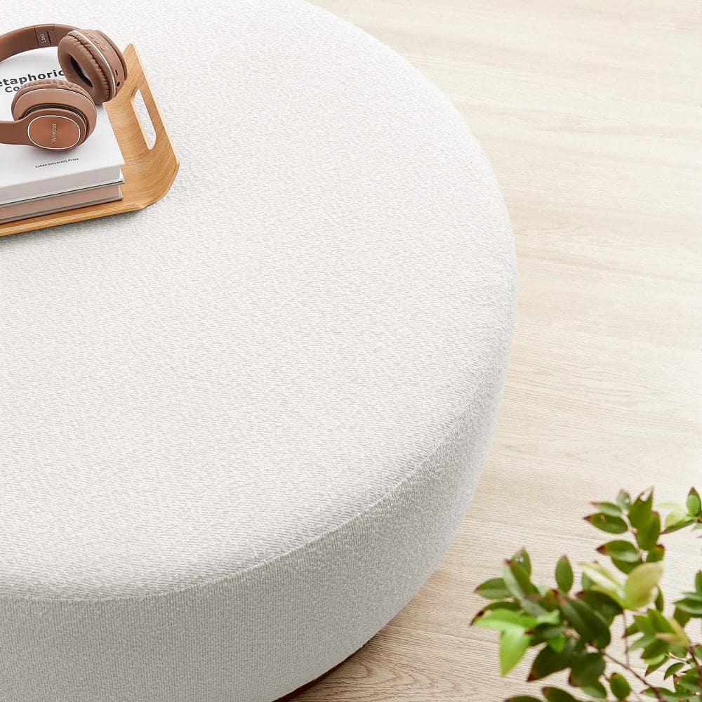 Tilden Large Round Off-White Boucle Upholstered Ottoman with Walnut Base