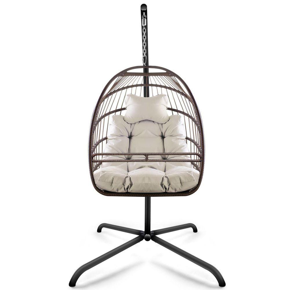 78in H Metal Patio Swing Basket Hanging Chair with Beige Cushions