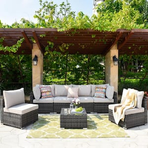 Wilkins Grand Gray 7-Piece Wicker Outdoor Patio Conversation Sectional Sofa Seating Set with Beige Cushions
