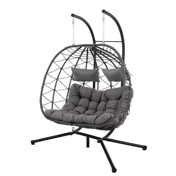 Unbranded 2-Person Wicker Porch Swing Egg Chair with Stand and Light Gray Cushion