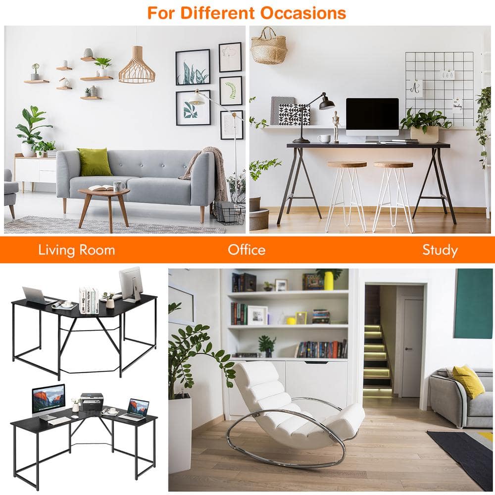 Modern L-Shaped Black Wood & Metal Corner Computer Desk