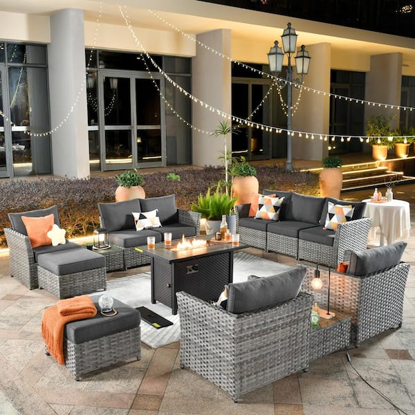 weaxty W Prosperine Gray 13-Piece Wicker Outerdoor Patio Rectangular Fire Pit Sectional Seating Set with Black Cushions