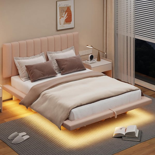 Harper & Bright Designs Floating Pink Wood Frame Queen Velvet Upholstered Platform Bed with Under-Bed LED Light, Hydraulic Storage, USB Port