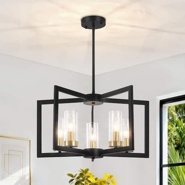 5-Light Black and Gold Modern Industrial Chandelier Farmhouse Candle-Style Geometric Rectangle Pendant Light