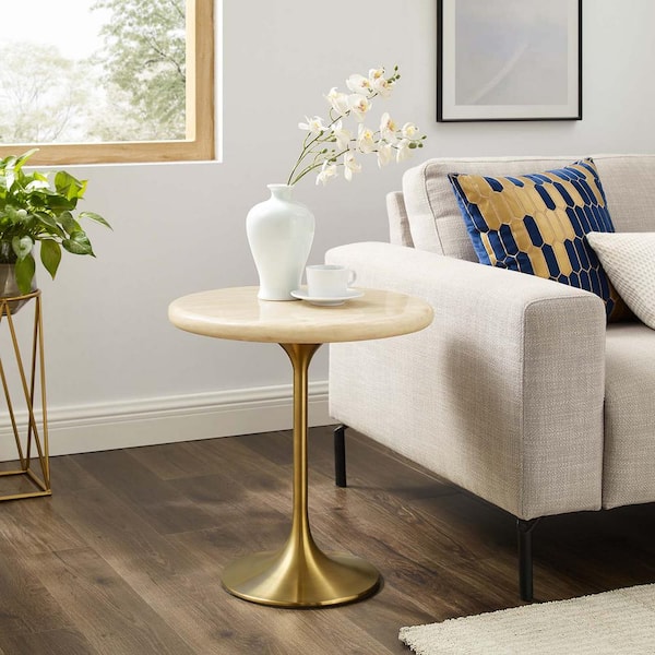 MODWAY Lippa 20 in. Round Artificial Travertine Side Table in Gold Travertine