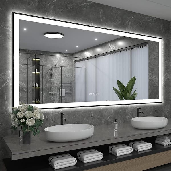 KIOTEE 88 in. W x 38 in. H Rectangular Framed Front and Back LED Lighted Anti-Fog Wall Bathroom Vanity Mirror in Tempered Glass
