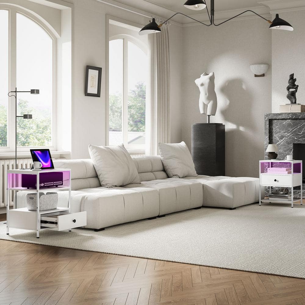 White Particleboard End Tables with Charging Stations and LED Lights