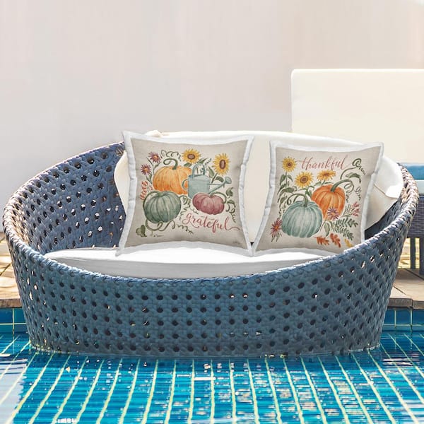 Stupell Industries Thankful Grateful Autumnal Plants Floral Pumpkins Multi-Color Square Outdoor Throw Pillow 2-Pack