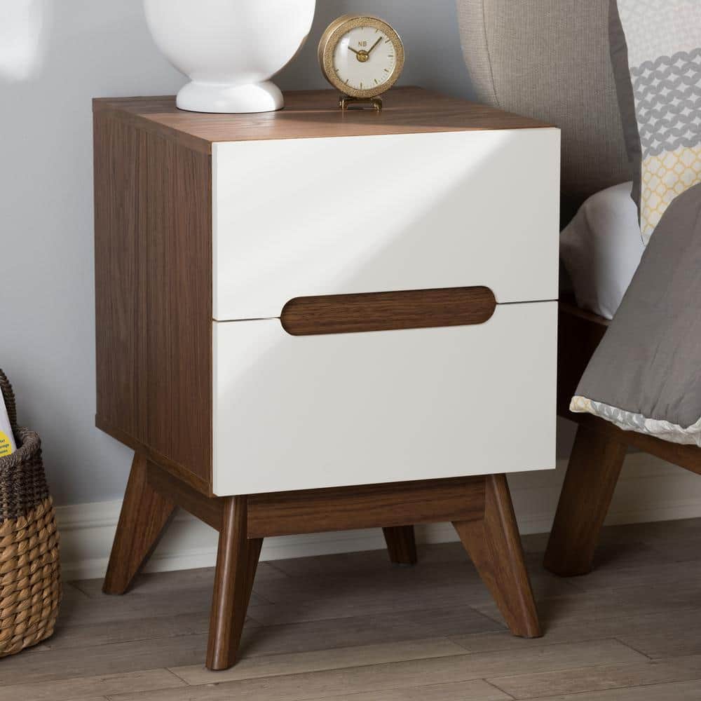 Calypso Mid-Century Modern White and Walnut 2-Drawer Nightstand