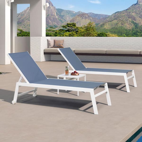 PURPLE LEAF Aluminum White Frame Outdoor Chaise Lounge Patio Lounge Chair with Side Table and Wheels Extra Large, Teal