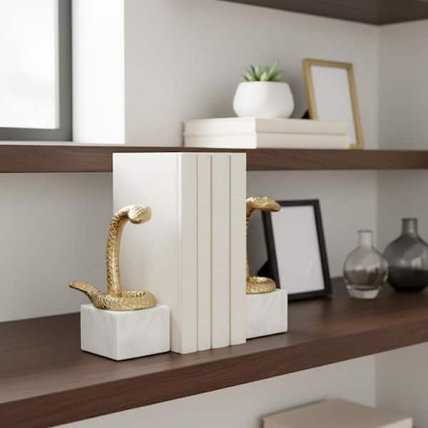 Liv & Skye 8 in. Gold Metal and Marble Novelty Snake Bookends (Set