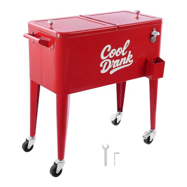 80 qt. Rolling Ice Chest, Holds up to 50-Bottles / 10-Cans, Portable Patio Party Bar Drink Cooler Cart, 4-Casters, Red