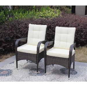 Brown Wicker Outdoor Dining Chairs with Beige Cushions, Chaise Lounge for Indoor/Outdoor, 2-Pack