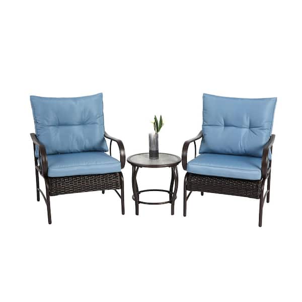 Unbranded Modern 3-Piece Outdoor Wicker Patio Conversation Set Rattan Chair and Coffee Table with Blue Cushions, for Yard Balcony