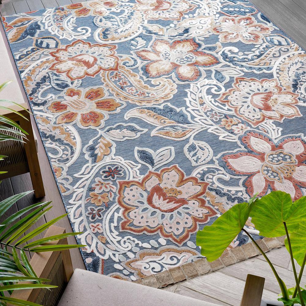 Tropic Floral Dark Blue Synthetic 5' x 7' Easy Care Area Rug