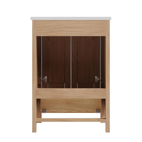 24 in. W Single Sink Freestanding Rattan decoration Bath Vanity in Natural with White Ceramic Top (Assembled)