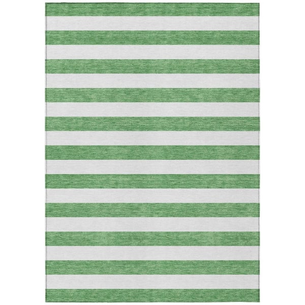 Green, White 5 ft. x 8 ft. Woven Striped Polyester Rectangle Indoor / Outdoor Area Rug