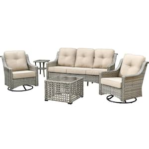 Verona Grey 5-Piece Wicker Modern Outdoor Patio Conversation Sofa Seating Set with Swivel Chairs and Beige Cushions