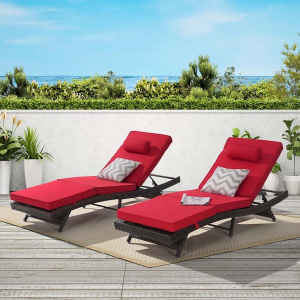 2-Piece Brown Wicker Outdoor Lounge Chairs with Red Cushions and 5-Position Adjustable Backrest