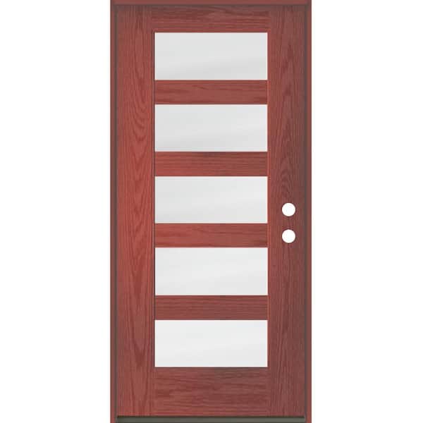 Krosswood Doors ASCEND Modern 36 in. x 80 in. Left-Hand/Inswing 5-Lite Satin Etched Glass Redwood Stain Fiberglass Prehung Front Door