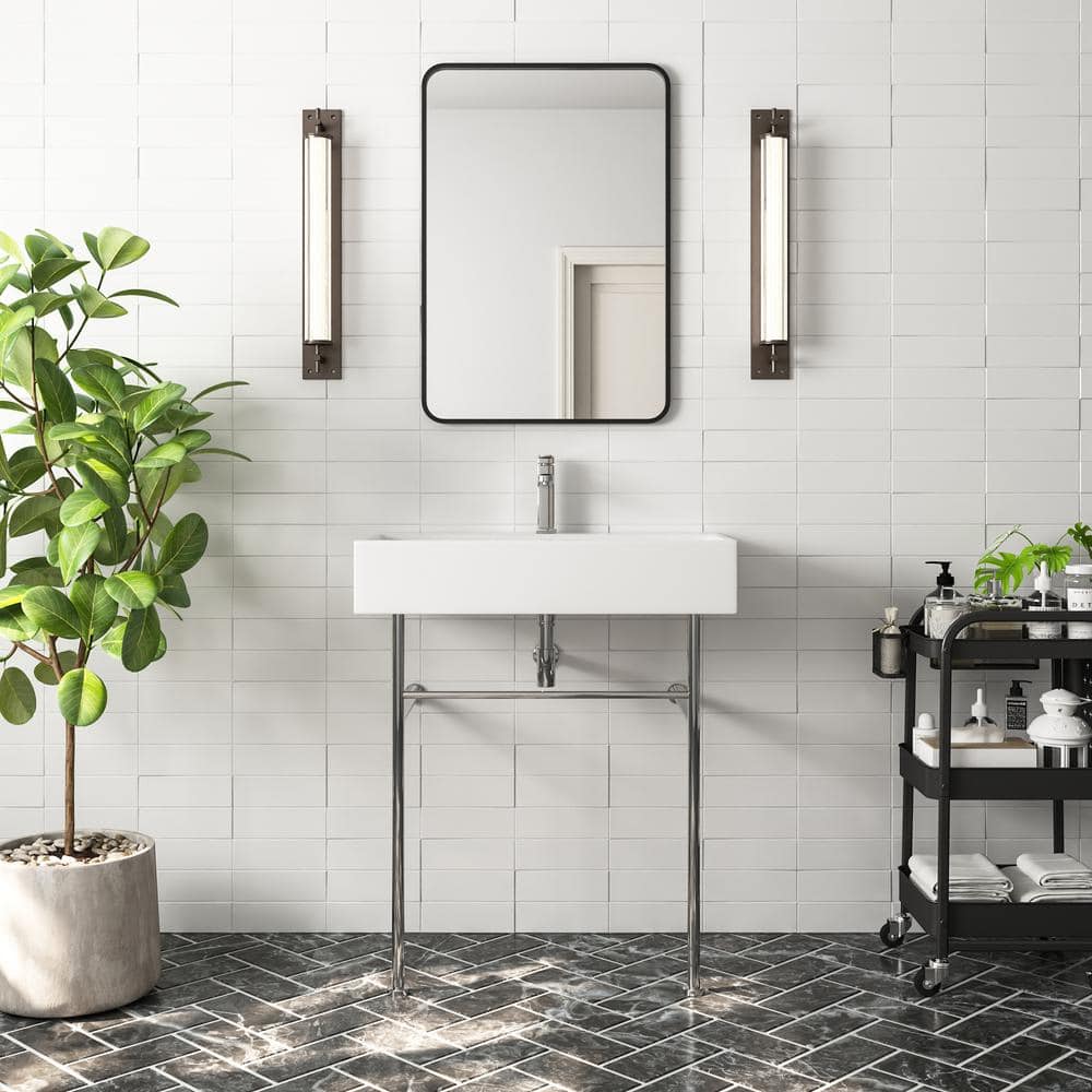 Rectangular 30 Inch White Ceramic Console Sink with Silver Legs