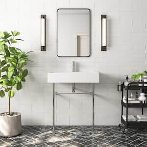 30 in. L Ceramic Rectangular Vessel Sink Bathroom Console Sink in Glossy White with Overflow and Silver Legs