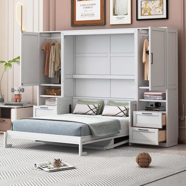 White Wood Frame Queen Murphy Bed with Closet, Drawers and Shelves