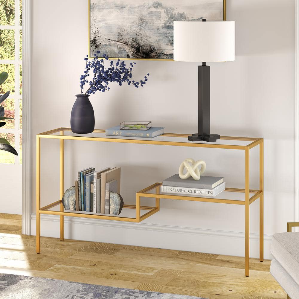 Evelyn&Zoe Lovett Modern Brushed Gold Console Table with Tempered Glass Shelves