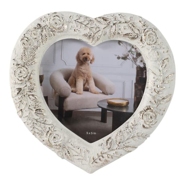 Liv & Skye 5 in. x 5 in. Ivory Resin Heart-Shaped Stitched Border Photo Frame