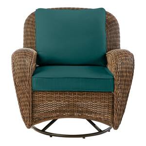 Beacon Park Brown Wicker Outdoor Patio Swivel Lounge Chair with CushionGuard Malachite Green Cushions