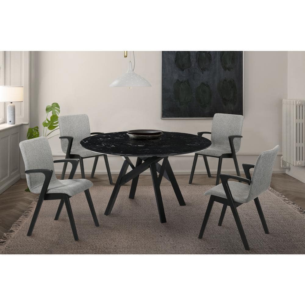 Mid-Century Modern 54" Black Marble & Wood Round Dining Table