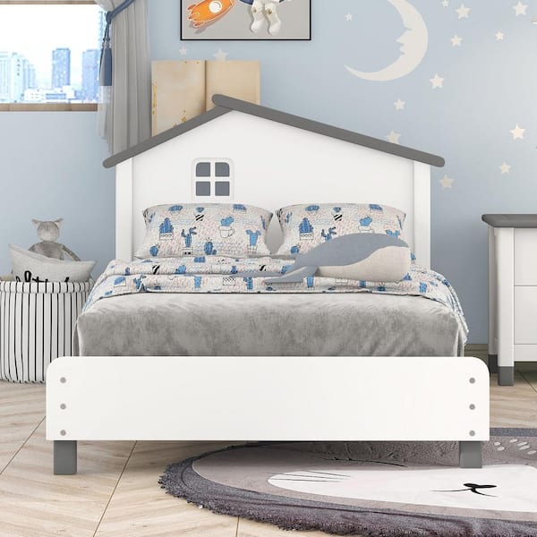 Twin Bed Frame with Storage Headboard and Fence Rails, Wood Low Platform  Beds with LED Light and Slat Support for Kids Boys Girls Teens, No Box  Spring Needed, Twin Size, White : Home & Kitchen 