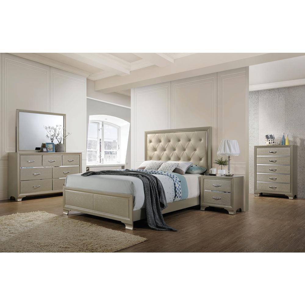 Champagne Queen Faux Leather Tufted Upholstered Bed with Headboard
