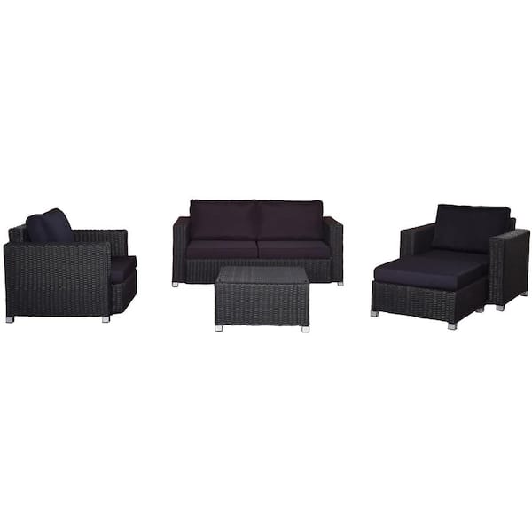 Sireck 5-Piece Dark Brown Wicker Outdoor Sectional with Dark Brown Cushions