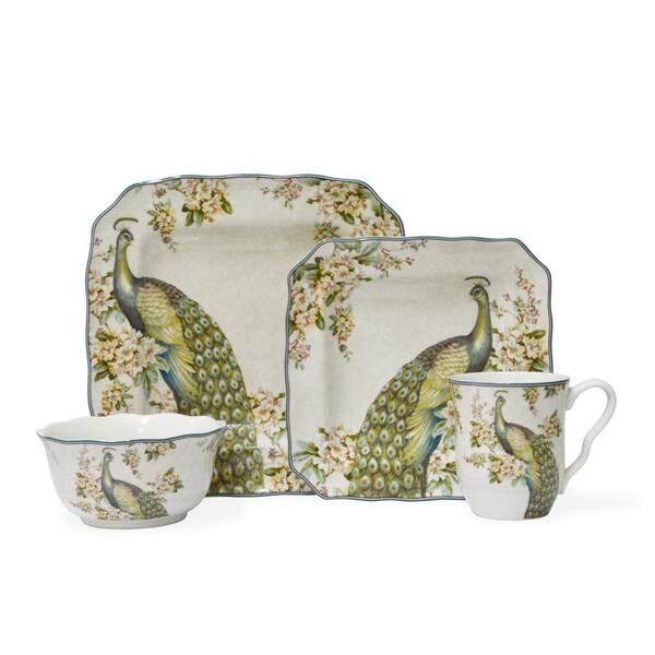 222 Fifth Empress Garden 16-Piece Casual Beige & Green Porcelain Dinnerware Set (Service for 4)