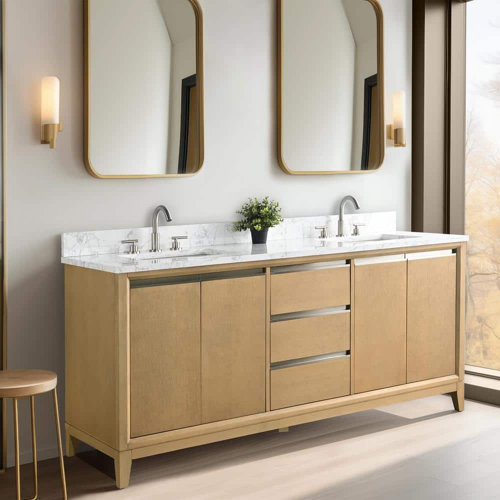 72" Natural Oak Double Sink Bathroom Vanity with Marble Top