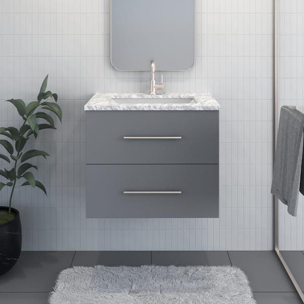 VOLPA USA AMERICAN CRAFTED VANITIES Napa 30 in. W. x 22 in. D Single Sink Bathroom Vanity Wall Mounted in Gray with Carrera Marble Countertop