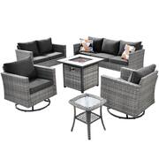 Michigan 6-Pcs Wicker Outdoor Patio Fire Pit Seating Sofa Set and with Black Cushions and Swivel Rocking Chairs