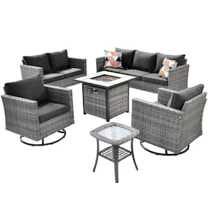 Michigan 6-Pcs Wicker Outdoor Patio Fire Pit Seating Sofa Set and with Black Cushions and Swivel Rocking Chairs