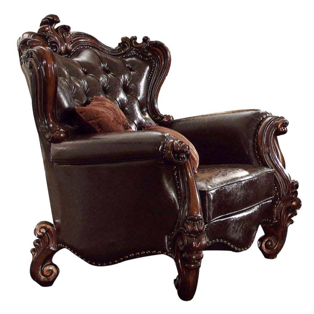 Versailles Dark Brown Faux Leather and Cherry Oak Chair with Pillows