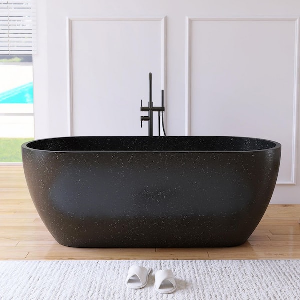 63 in. x 31 in. Terrazzo Stone Solid Surface Flatbottom Freestanding Soaking Bathtub in Black