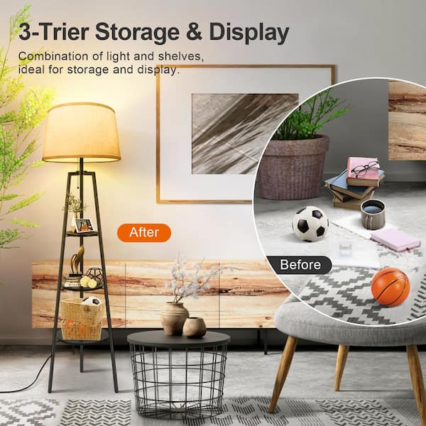 BICIK Black Tripod Floor Lamp with White Linen Texture