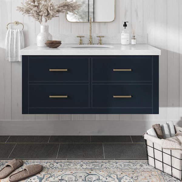ARIEL Hutton 43 in. W x 22 in. D x 19.6 in. H Bath Vanity in Midnight Blue with Carrara White Marble Top